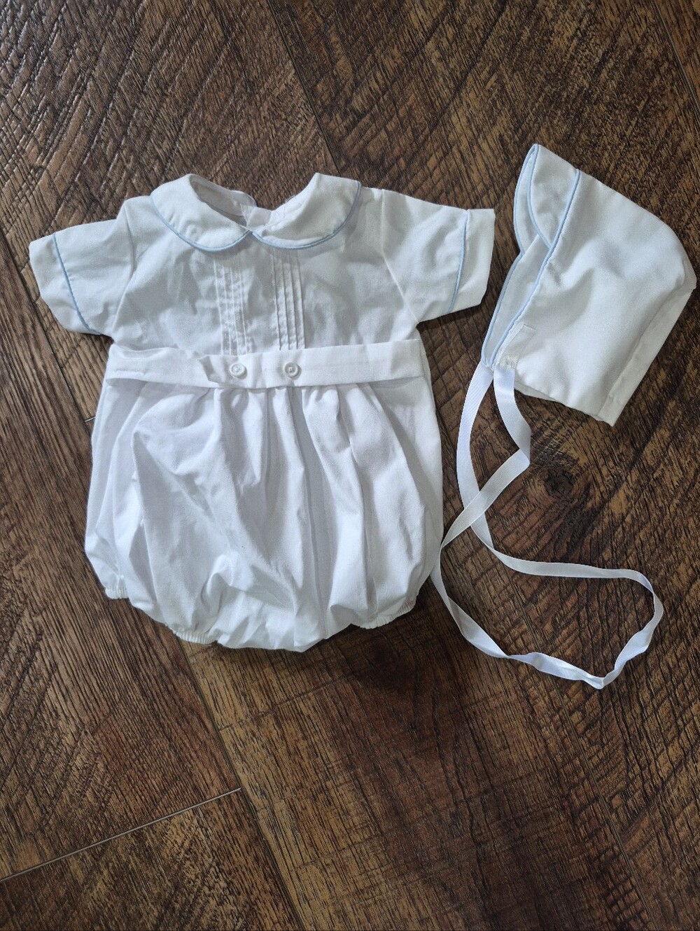 Vintage Newborn Boy Pintuck Bubble Romper With Matching Heirloom Bonnet